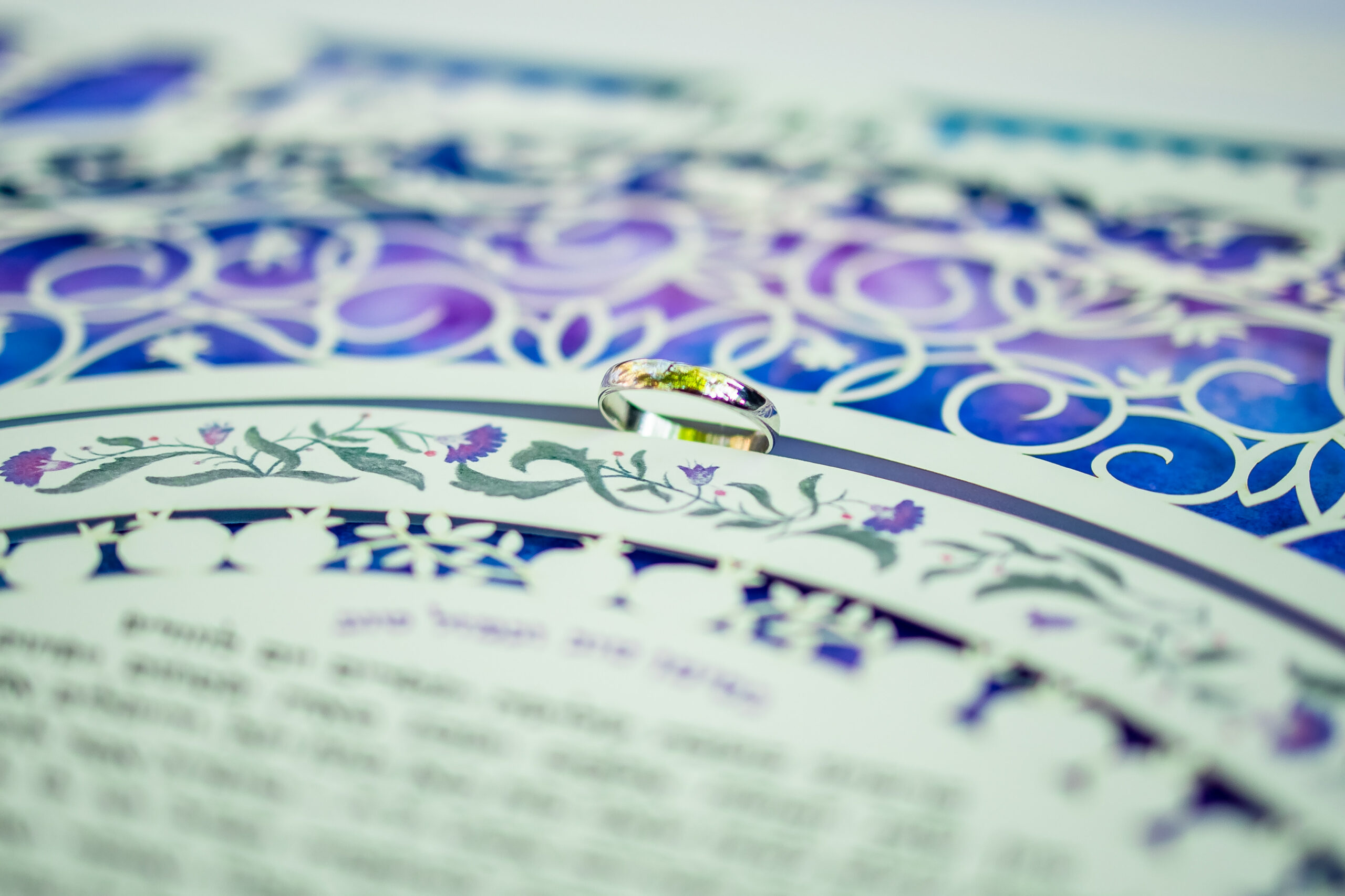 A futuristic concept art of a digitized Ketubah, hinting at the future of customized wedding gifts.